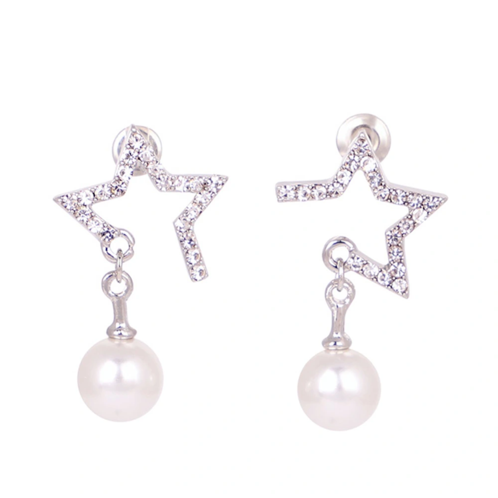 Women Elegant Fashionable Faux Pearl Geometrical Pendant Rhinestones Alloy Earrings(Pentagram)