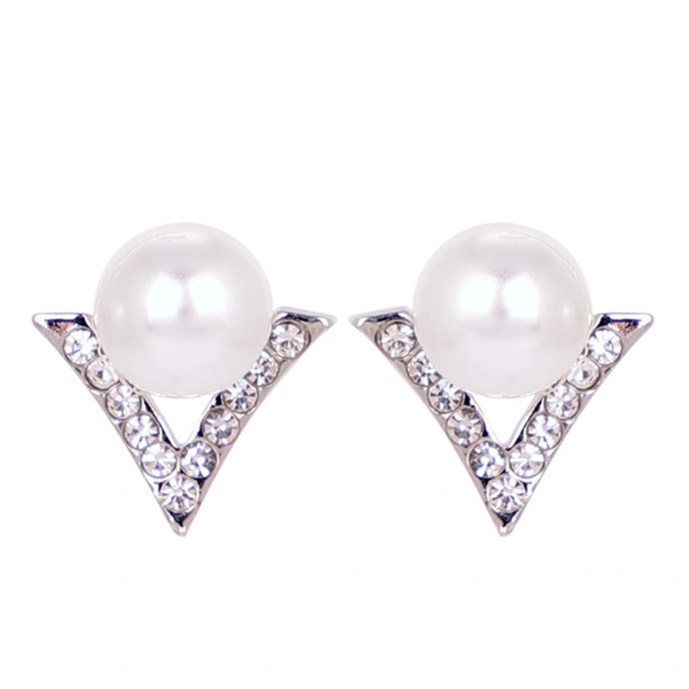 Women Elegant Fashionable Faux Pearl Geometrical Pendant Rhinestones Alloy Earrings(Triangle)