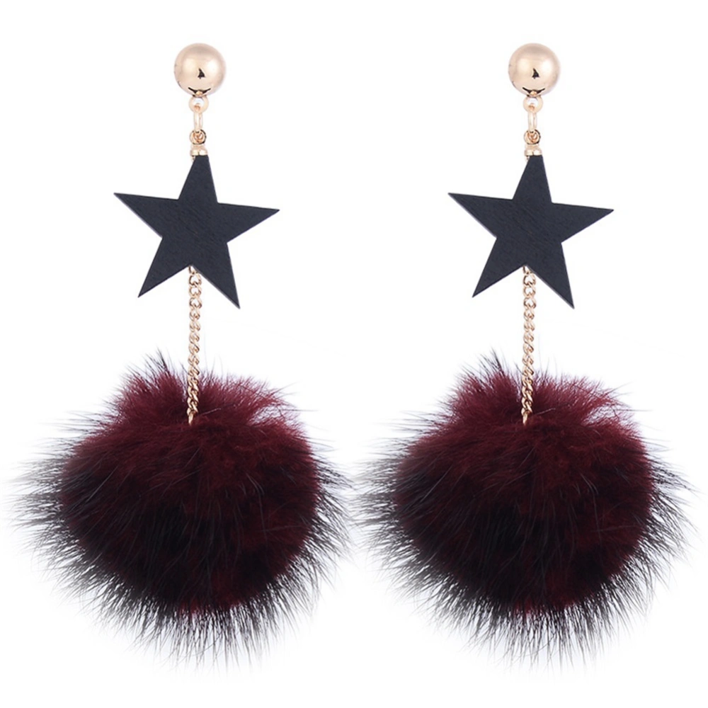 Women Elegant Star Pompom Long Chain Anti allergic Alloy Earrings Jewelry(Burgundy CHB-214)