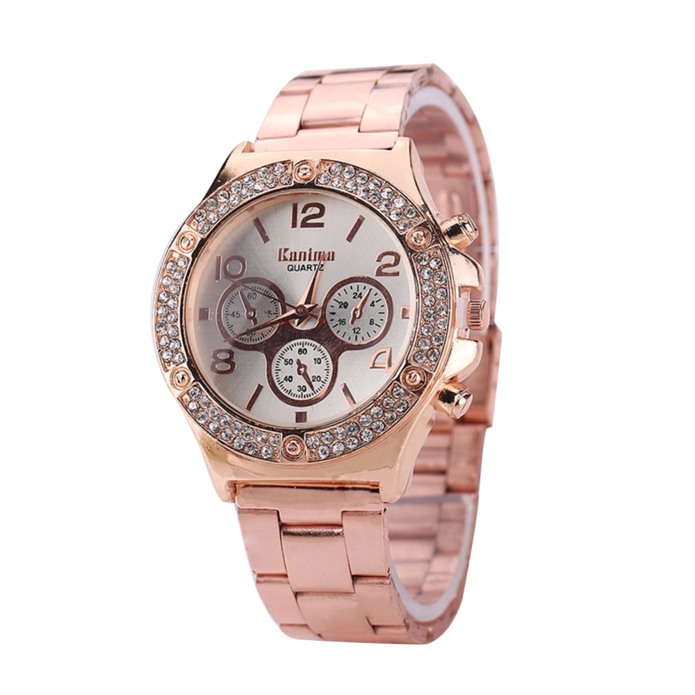 Casual Fashionable Women Quartz Rhinestones Three eyes Alloy Wristwatch Watch(Rose Gold)