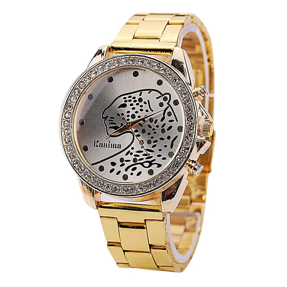 Rhinestone Decoration Animal Dial Pattern Quartz Steel Strap Unisex Wristwatch (Gold)