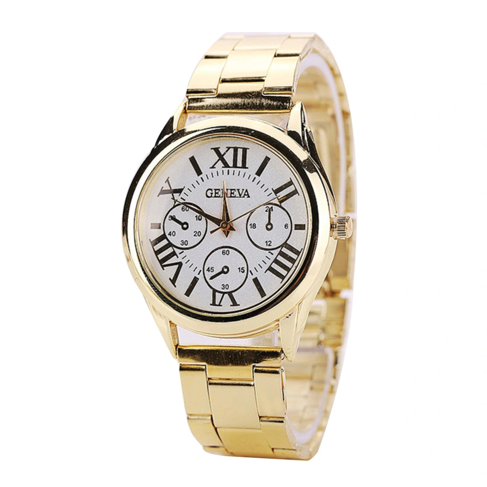 Casual Fashionable Women Quartz Three eyes Alloy Wristwatch Watch(Golden Strap White Dial)