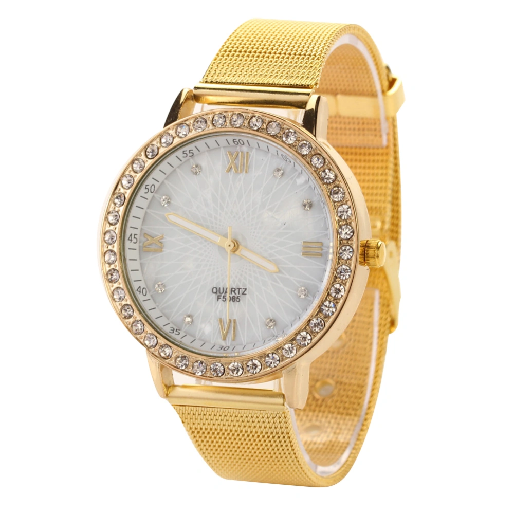 Rhinestone Decoration Roman Numeral Dial Quartz Steel Mesh Belt Strap Female Wristwatch