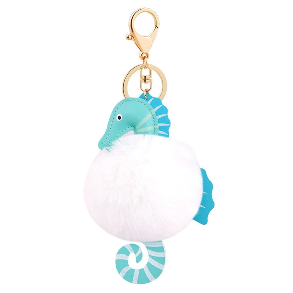 Fashionable Sea Horse Pendant Fuzzy Ball Key Ring PU Alloy Keychain (White)