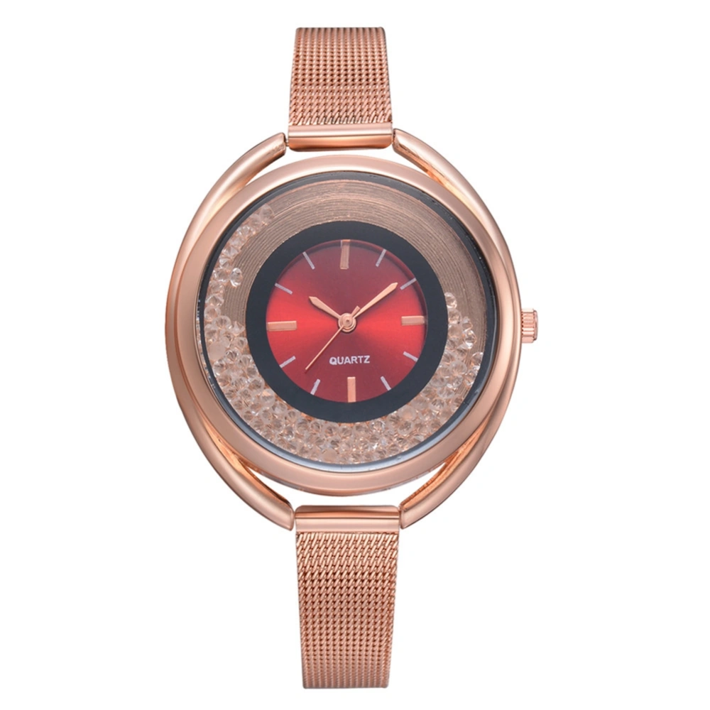 Fashionable Round Dial Crystal Beads Alloy Quartz Women Watch Wristwatch (Red)