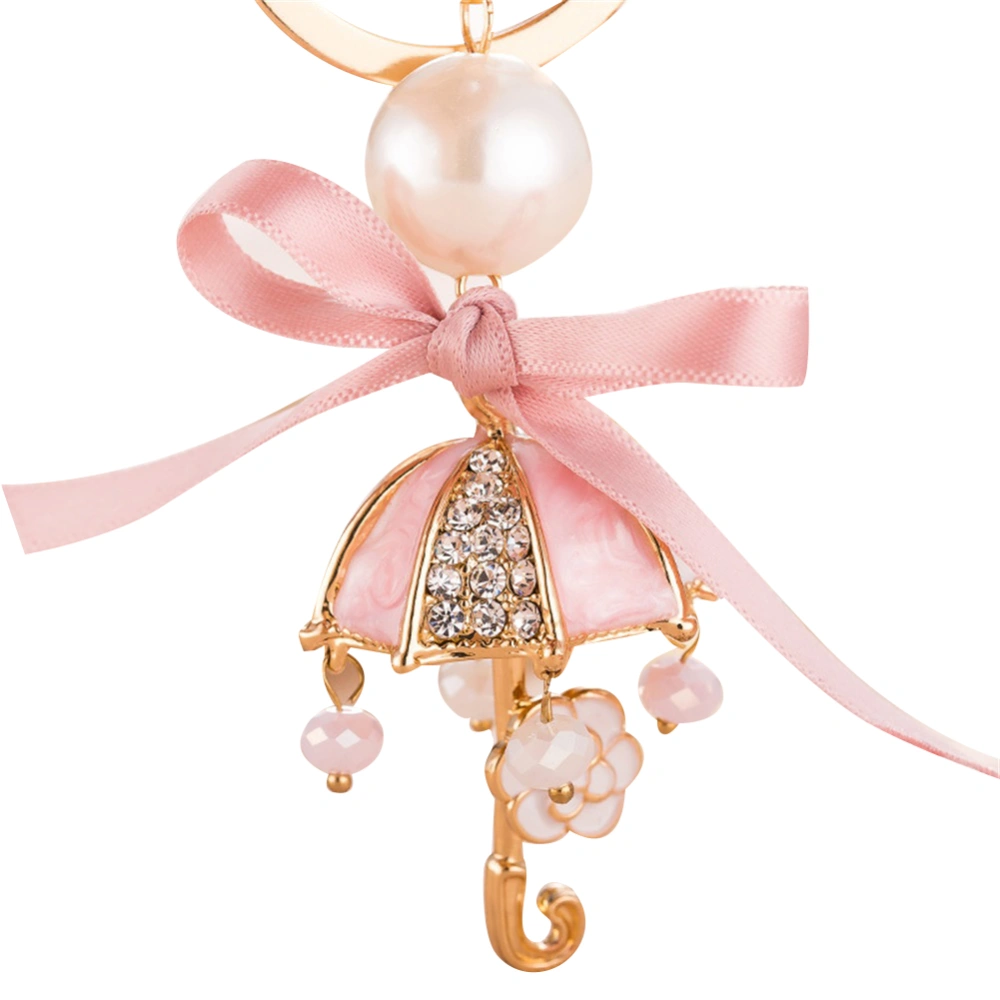 Fashionable Bowknot Umbrella Keychain Alloy Key Ring with Rhinestone Decoration (Pink)