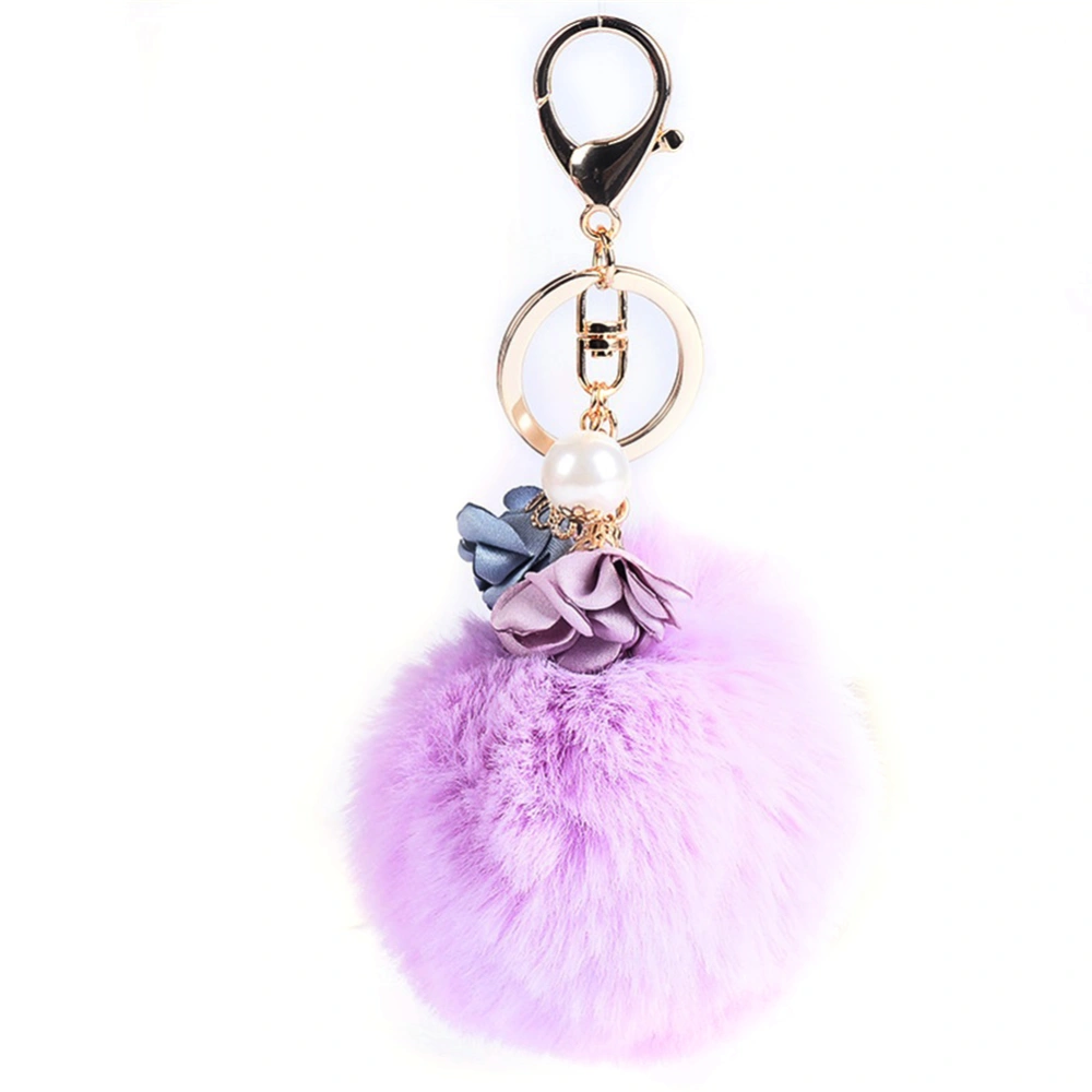 Faux Pearl Flower Plush Ball Alloy Pendant Keyring Key Chain Jewelry Accessory (Purple)