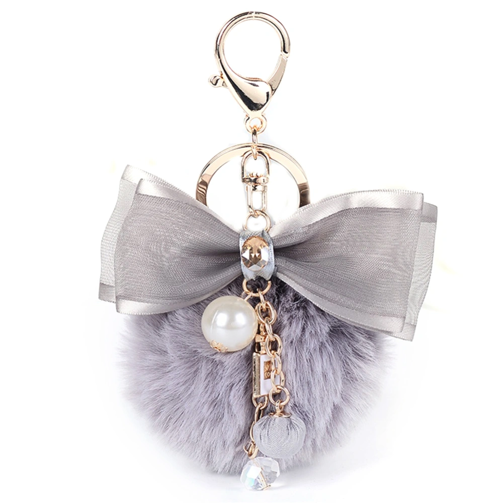 Fashion Bowknot Fuzzy Ball Key Ring Alloy Keychain with Faux Pearl Pendant (Light Grey)