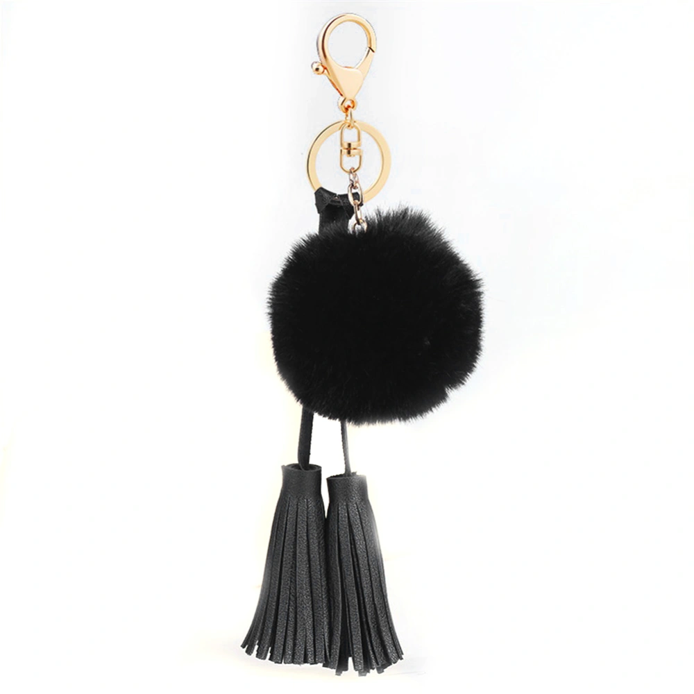 Fashion PU Tassels Fuzzy Ball Key Ring Alloy Keychain (Black Tassels Black Ball)