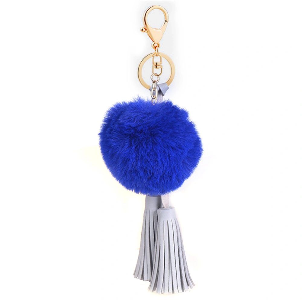 Fashion PU Tassels Fuzzy Ball Key Ring Alloy Keychain (Grey Tassels Royal Blue Ball)