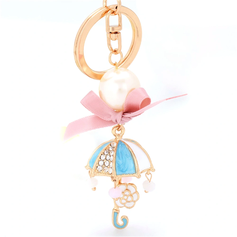 Fashionable Bowknot Umbrella Keychain Alloy Key Ring with Rhinestone Decoration (Blue)