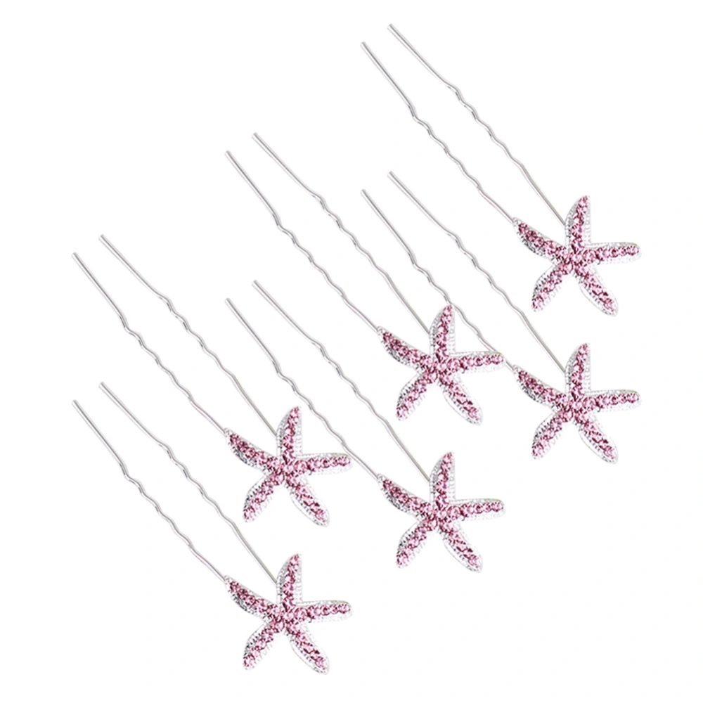 6pcs Simple Alloy U Shaped Women Hairpin Hair Clips with Rinestone Starfish Decoration(Pink)