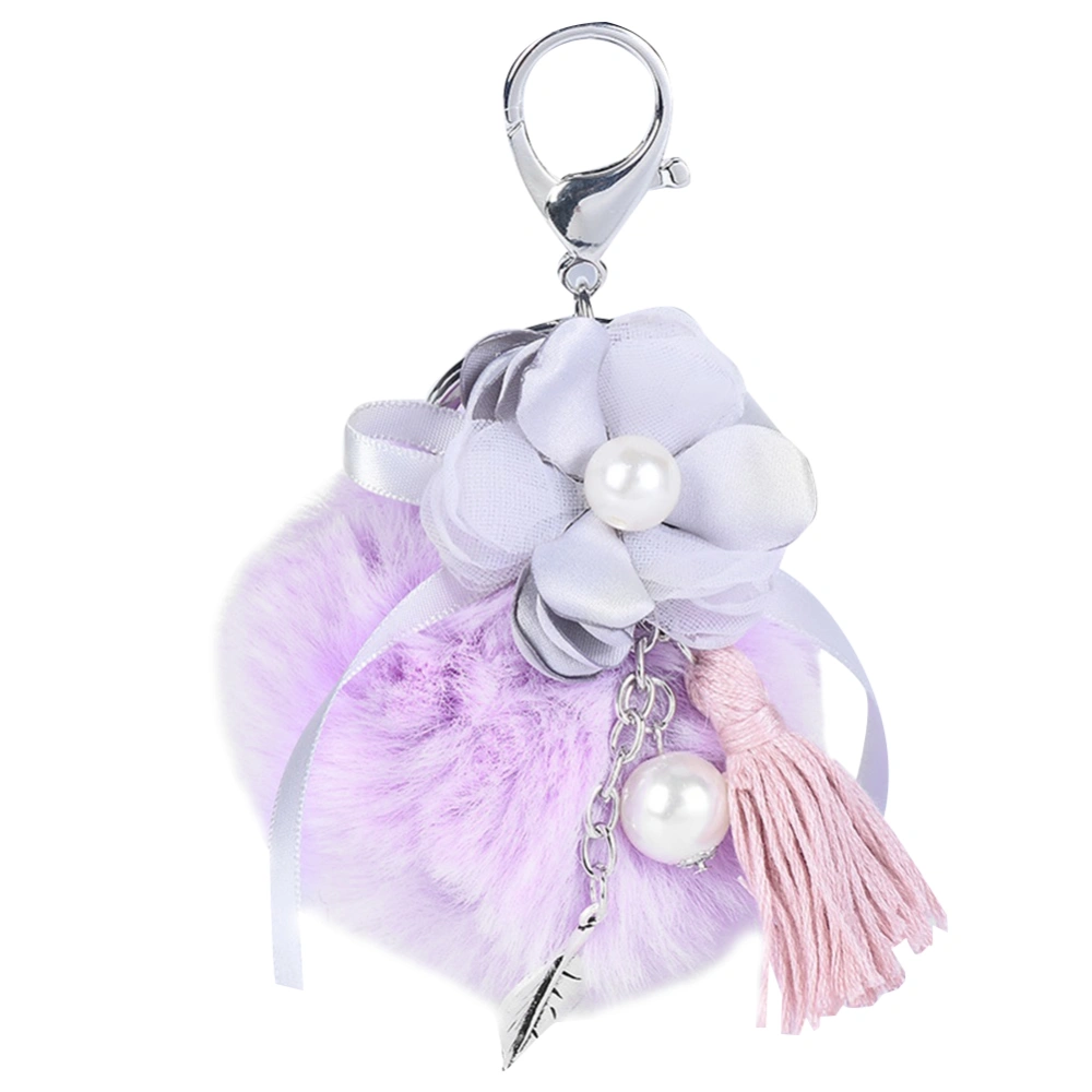 Fashion Fuzzy Ball Faux Pearl Flower Key Ring Plush Pendant Alloy Keychain (Purple)