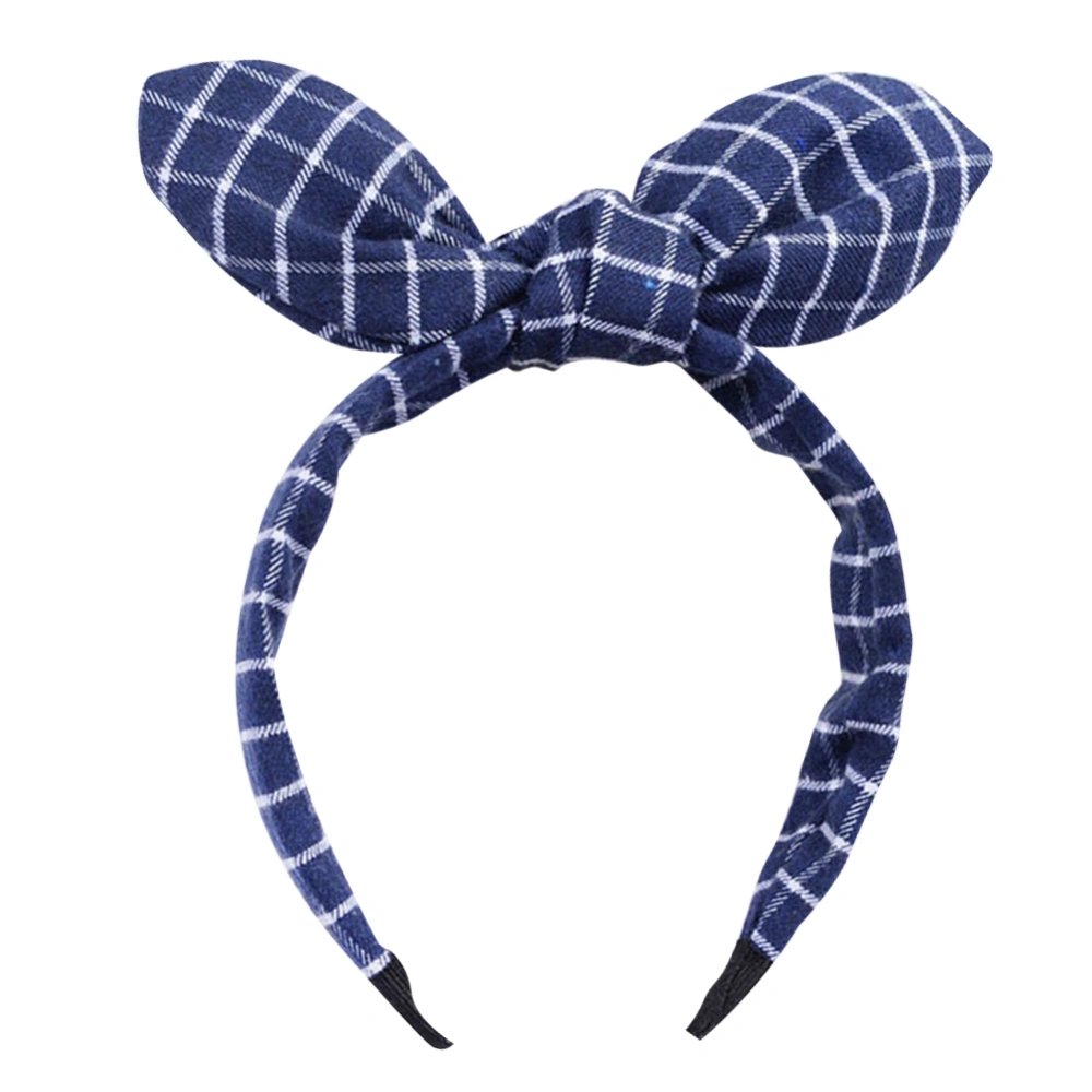 Fashionable Women Headband Bunny Ears Hair Band Bowknot Hair Hoop (Blue Plaid)