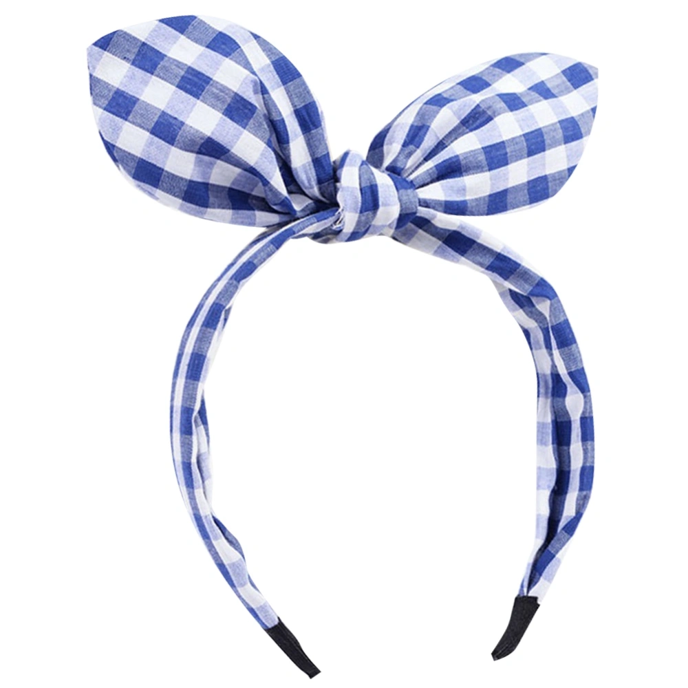 Fashionable Women Headband Bunny Ears Hair Band Bowknot Hair Hoop (Dark Blue Plaid)