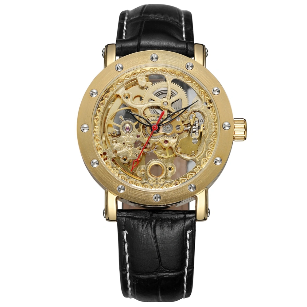 FORSINING Hollow Mechanical Waterproof PU Leather Watch(Gold Movement Gold Case Black Band)