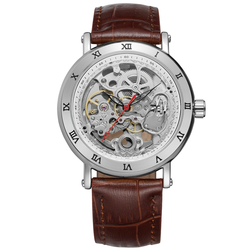 FORSINING Automatic Mechanical Hollow-out Waterproof PU Leather Strap Male Watch (Silver Brown)