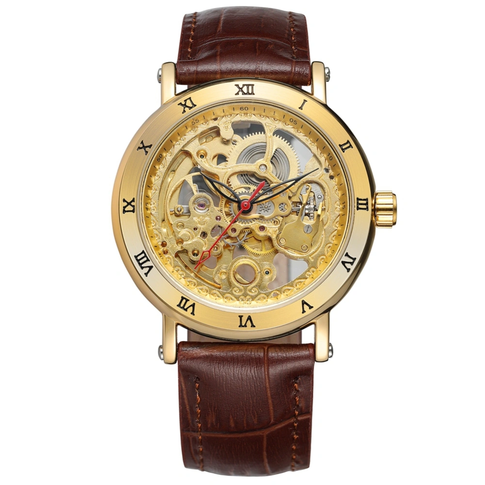 FORSINING Automatic Mechanical Hollow-out Waterproof PU Leather Strap Male Watch (Gold Brown)