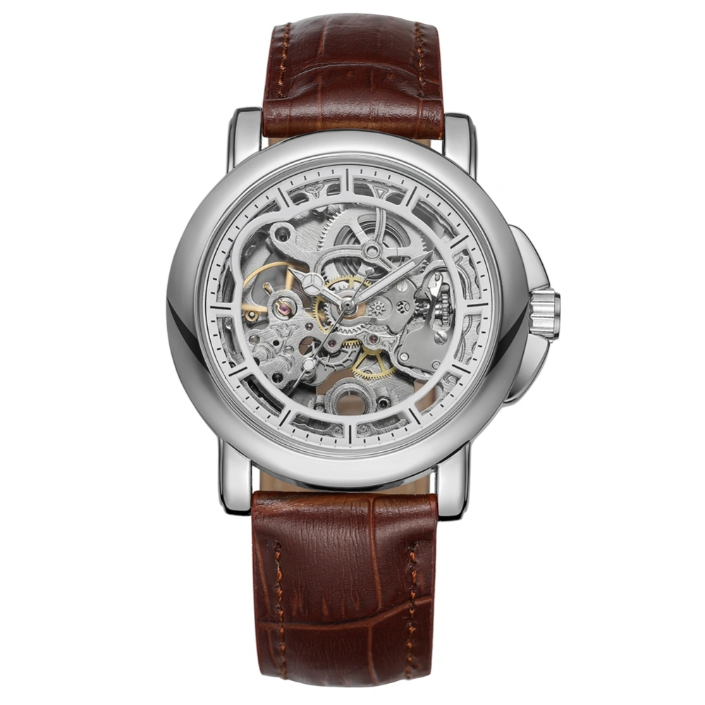 Fashionable Automatic Mechanical Watch PU Leather Strap Wristwatch for Male (Silver Brown)