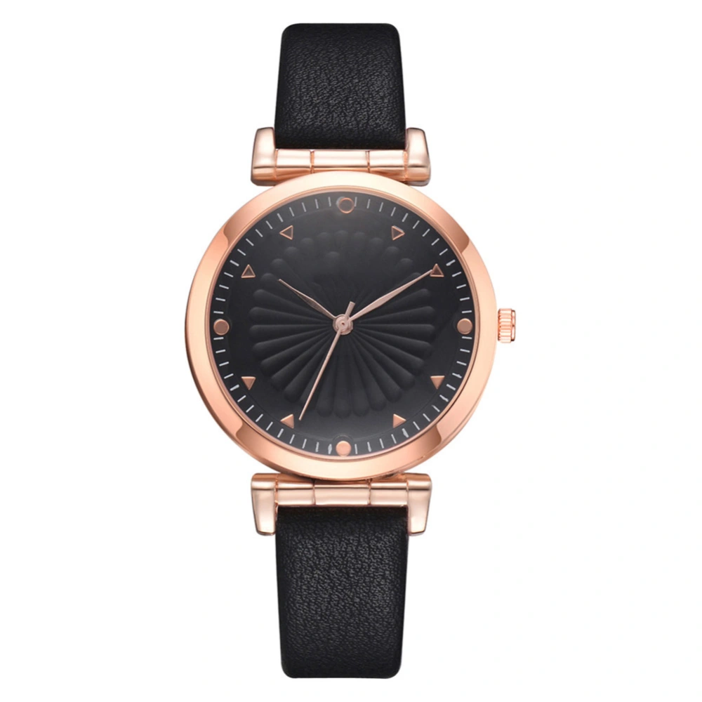 DISU Casual Women Alloy PU Leather Strap Quartz Watch Wristwatch (Black)