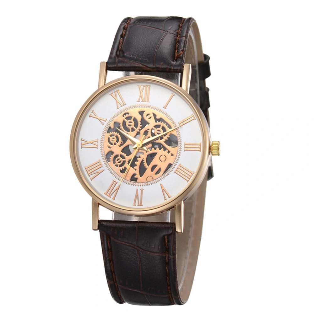 Women Exquisite Hollow Analog DIsplay Roman Numeral Quartz Wristwatch(Brown)