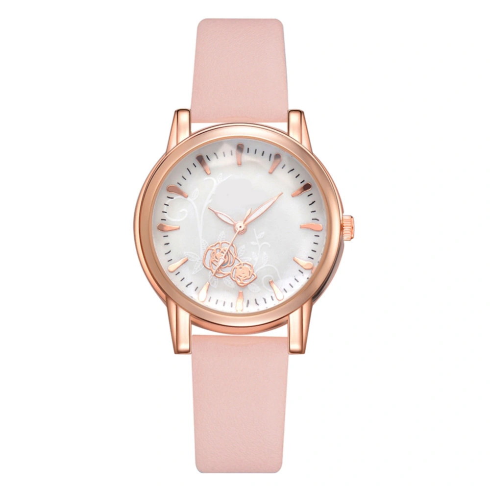 DISU Fashionable Women Quartz Watch PU Leather Strap Casual Wristwatch (Pink)