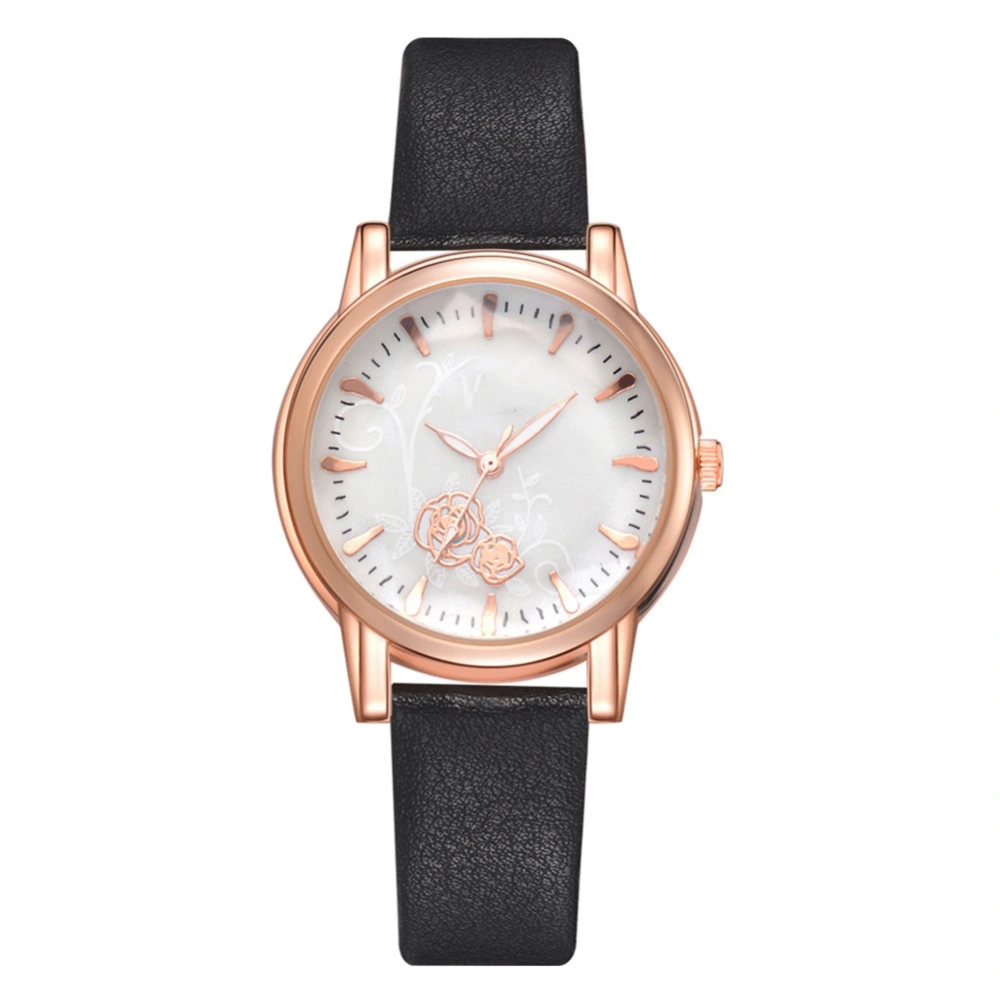 DISU Fashionable Women Quartz Watch PU Leather Strap Casual Wristwatch (Black)