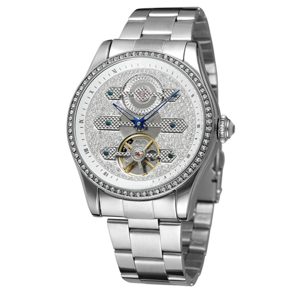 Forsining Men Automatic Mechanical Watch Rhinestone Decoration Dial Wristwatch (White)