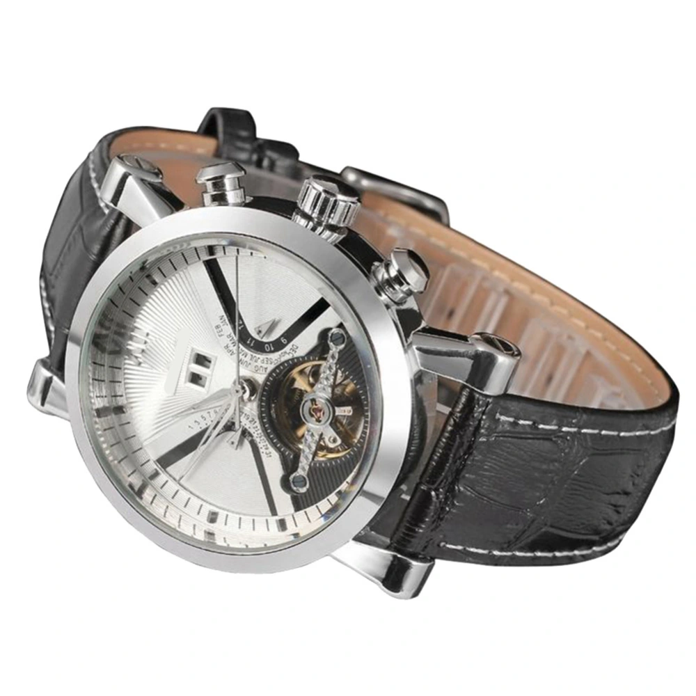 FORSINING Full automatic Mechanical Waterproof PU Leather Band Watch(White Dial Silver Case)