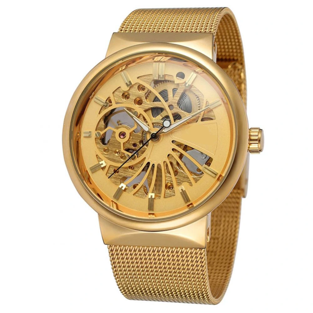 FORSINING Hollow Out Waterproof Automatic Mechanical Steel Mesh Belt Male Watch (Gold+Gold)