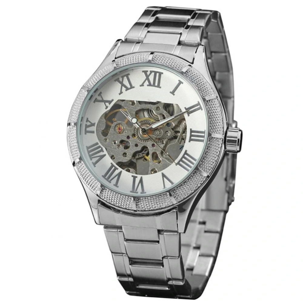 FORSINING Full automatic Hollow Mechanical Waterproof Steel Band Men Watch(White)