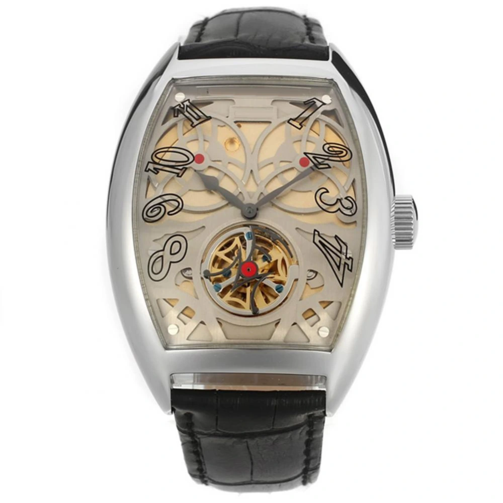 FORSINING Full automatic Mechanical Barrel Shape Leather Band Men Watch(White Dial Silver Case)