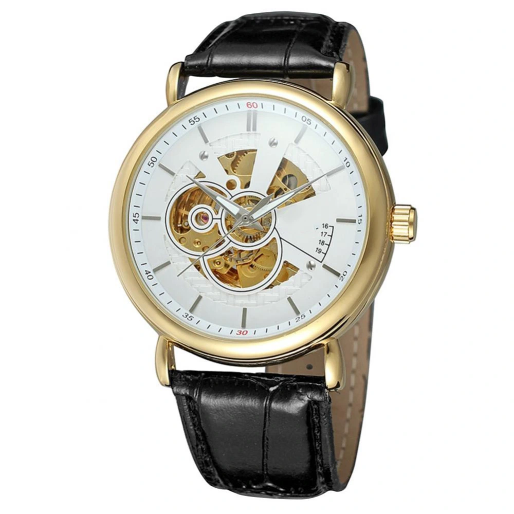 FORSINING Waterproof Hollow Out Automatic Mechanical PU Leather Strap Male Watch(White Gold)