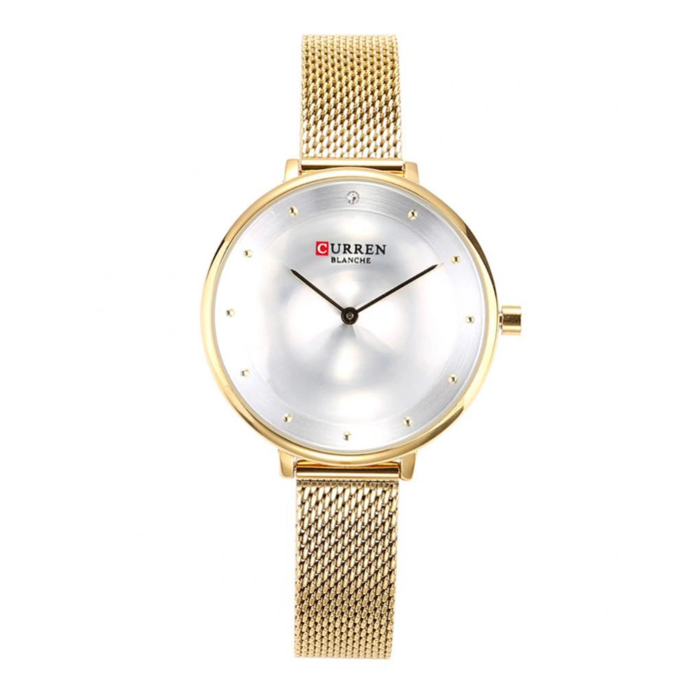 Casual Women Waterproof Stencil Strap Quartz Movement Watch Wristwatch(Gold+White)