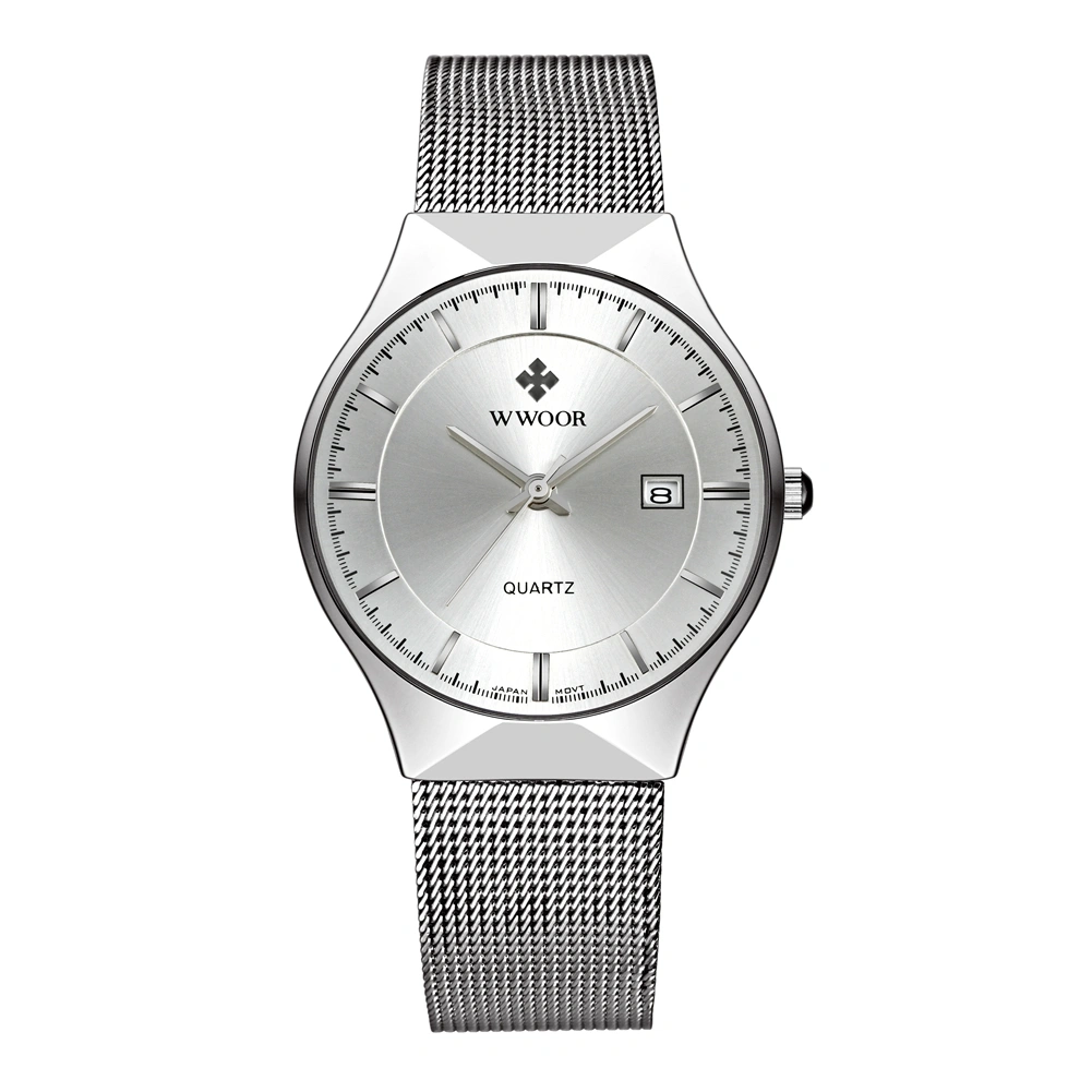WWOOR Business Male Stainless Steel Strap Wristwatch Waterproof Watch(White Dial)
