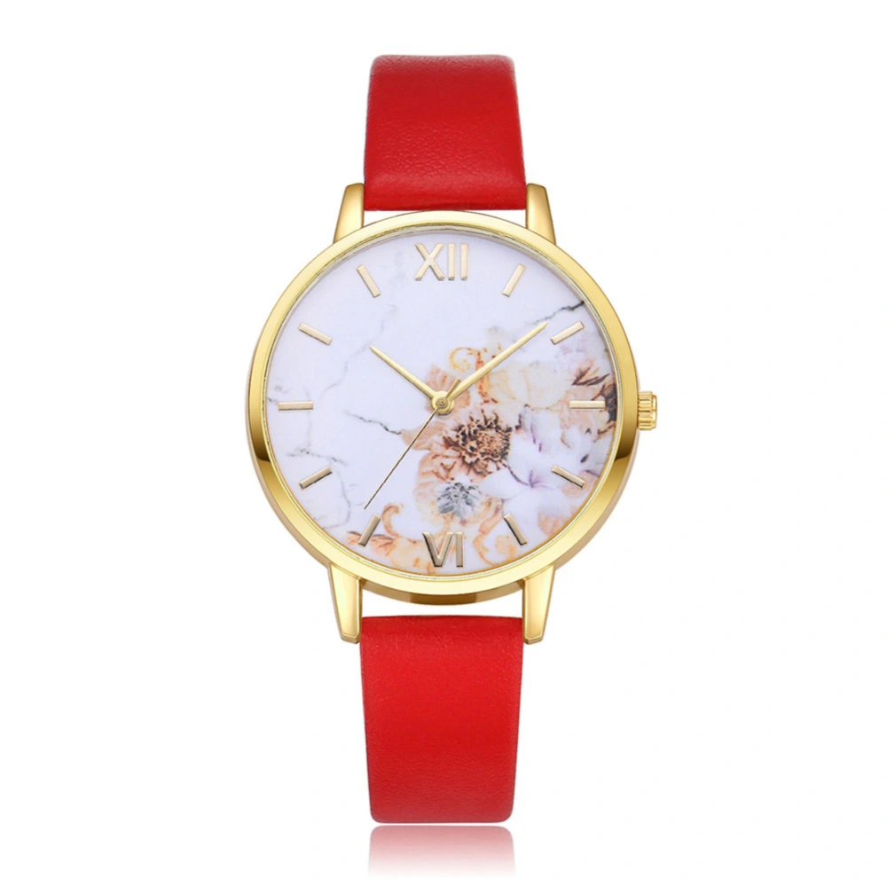 Fashion Lovely Floral Dial Adjustable PU Strap Quartz Analog Display Wristwatch Watch (Red)