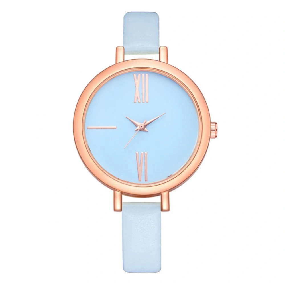 Round Dial Alloy Case Roman Numeral Casual Style Quartz PU Leather Strap Watch (Sky Blue)