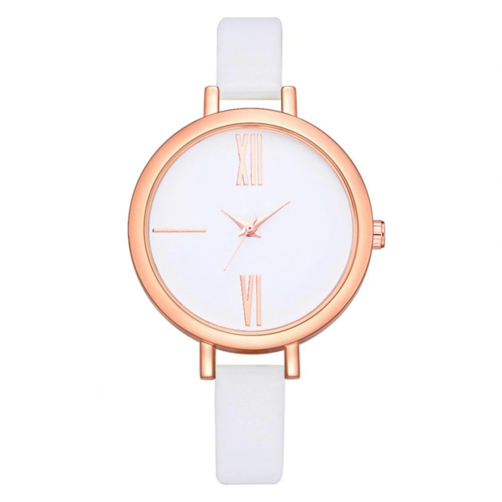 Round Dial Alloy Case Roman Numeral Casual Style Quartz PU Leather Strap Watch (White)