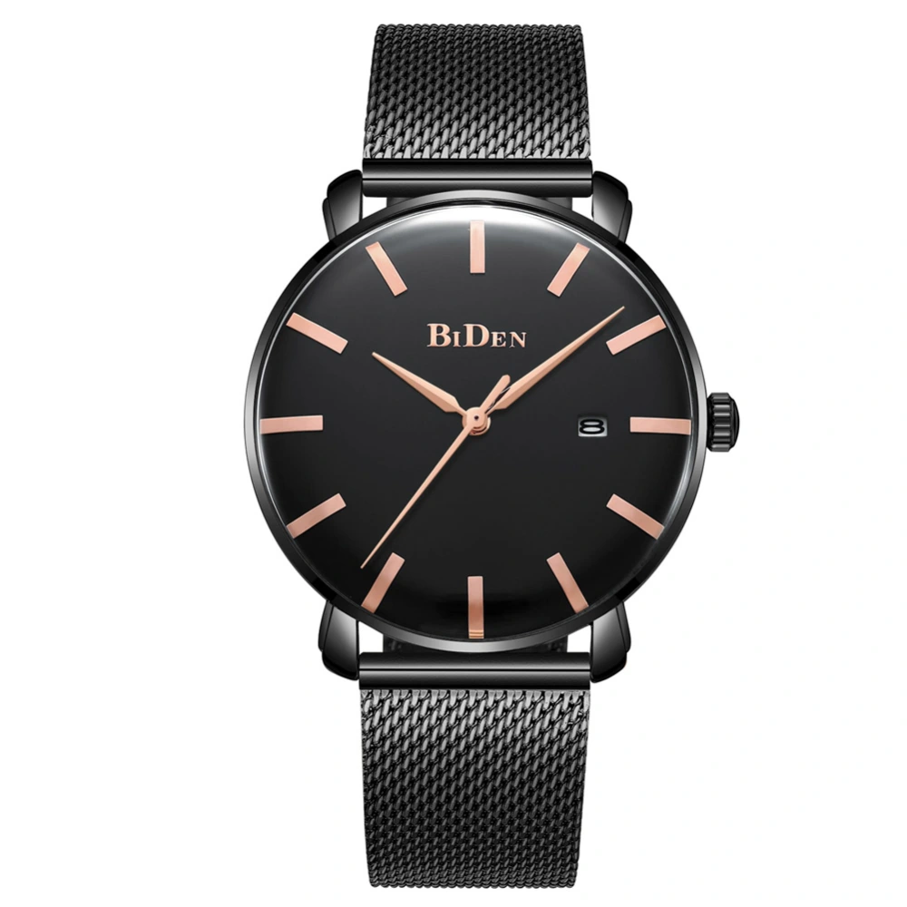 BIDEN Ultrathin Men Mesh Strap Calendar Waterproof Quartz Watch Wristwatch (Black)