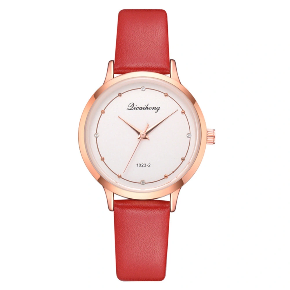 Casual Women PU Leather Rhinestones Quartz Watch Wristwatch (Red)