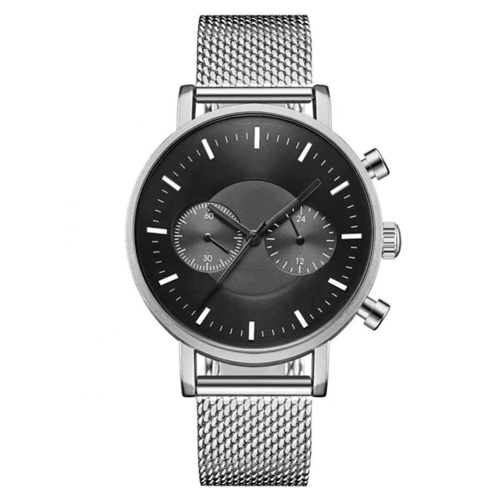 Fashion Ultrathin Men Mesh Strap Waterproof Quartz Watch Wristwatch (Black Silver)