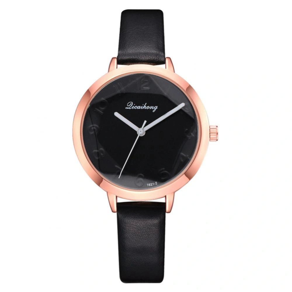 Fashionable Round Watch PU Leather Strap Casual Quartz Wristwatch for Female(Black)