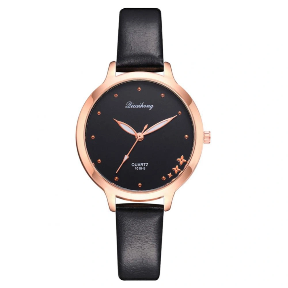 Women Fashion Sweet Style Students Quartz Watch PU Leather Wrist Band Girls Accessory (Black)