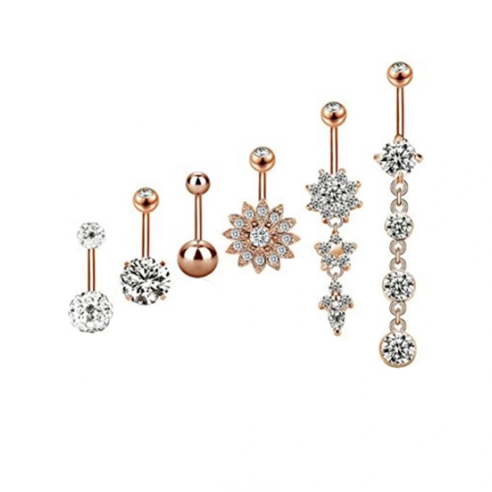 6Pcs Stainless Steel Rhinestone Belly Ring Navel Nail Body Piercing (Ordinary Rose Gold)