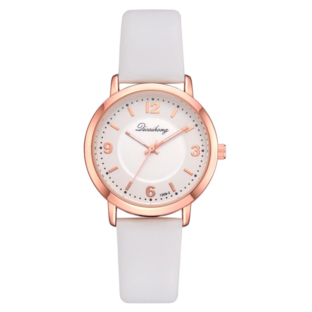 Elegant Round Display Quartz Wristwatch Thin PU Leather Woman Girl Watch (White)