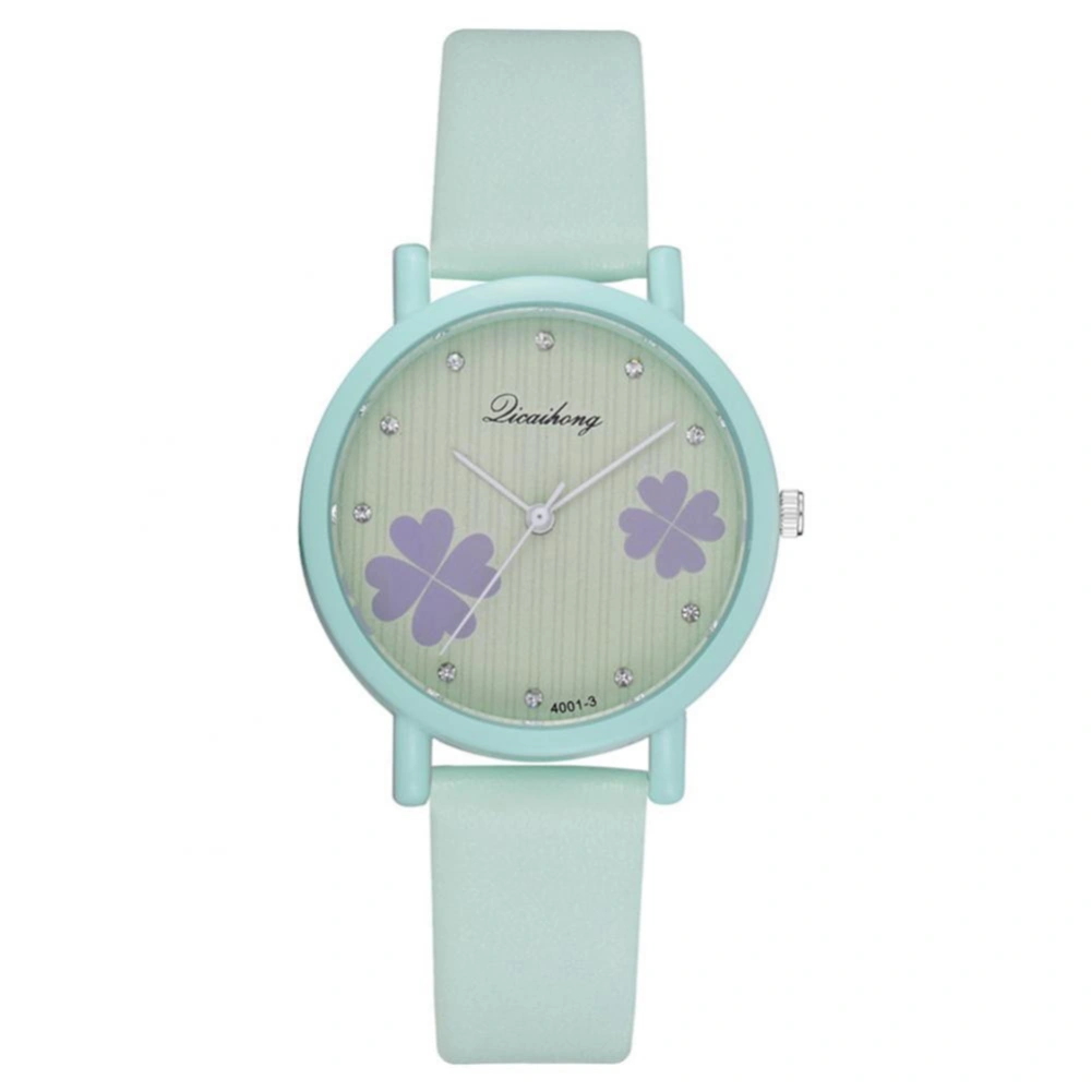 Casual Women PU Leather Strap Four Leaf Clovers Quartz Watch Wristwatch (Green)