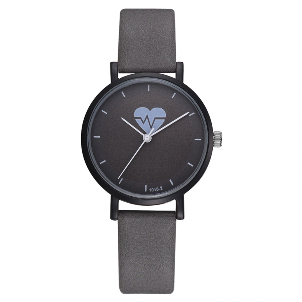 Casual Round Watch PU Leather Strap Heart Pattern Quartz Wristwatch for Women(Gray)