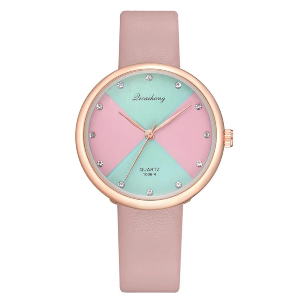 Fashionable Quartz Candy Colored Round Dial Symmetry Pattern PU Leather Strap Watch (Pink)