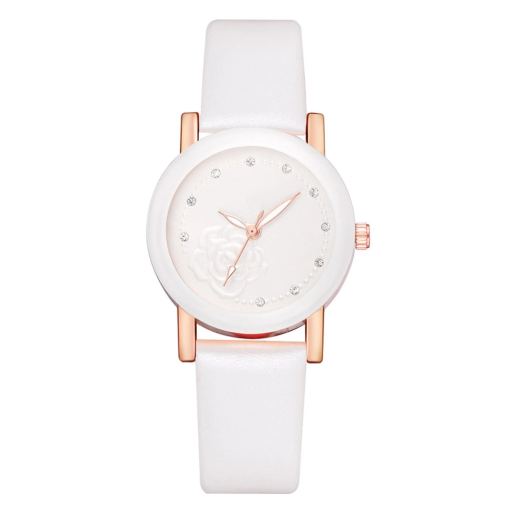 Female Flower Pattern Rhinestone Quartz Wristwatch PU Leather Strap Casual Round Watch(White)