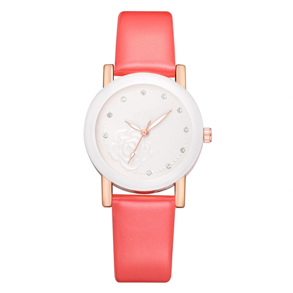 Female Flower Pattern Rhinestone Quartz Wristwatch PU Leather Strap Casual Round Watch(Red)